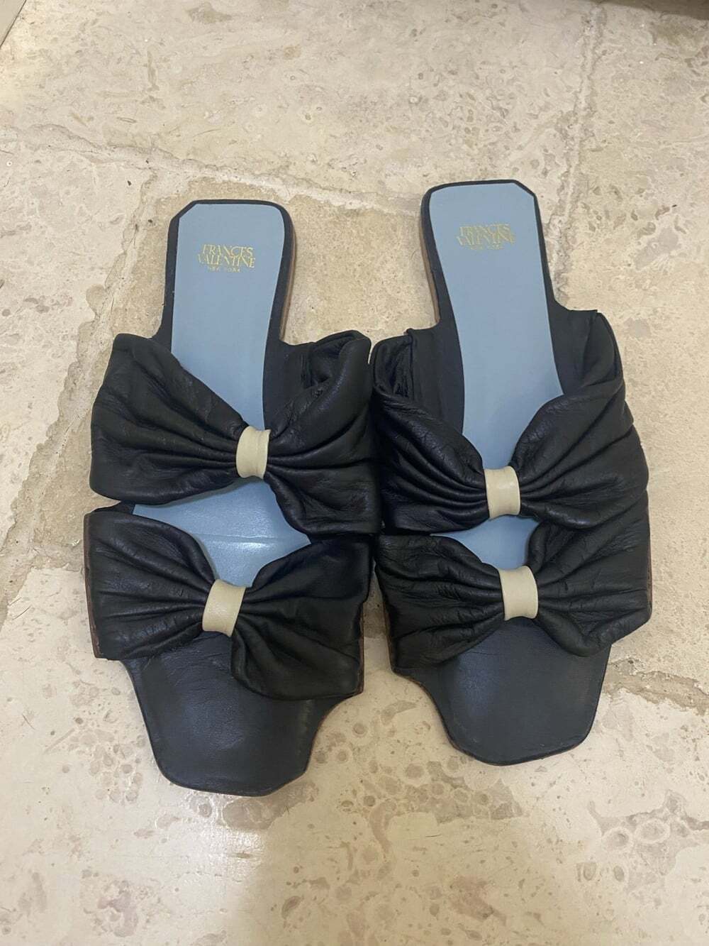 Frances Valentine Bow Slide Sandals Womens Size 9.5 Black Leather Flat Slip On